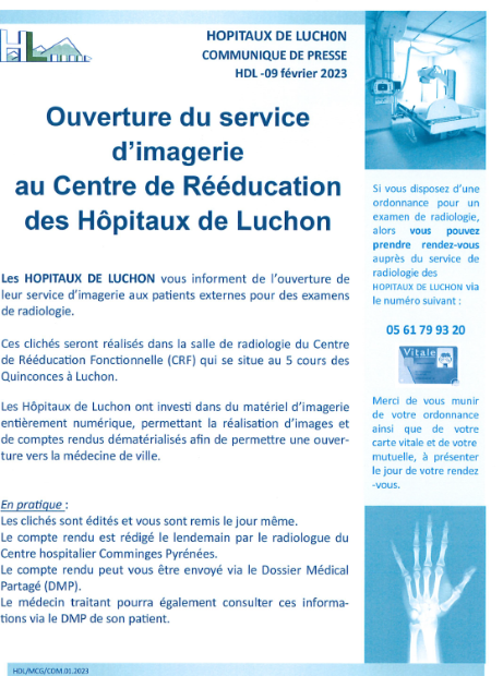 Ouverture du service d'imagerie au Centre de Rééducation des Hôpitaux de Luchon - communiqué de presse du 9 février 2023 des Hôpitaux de Luchon